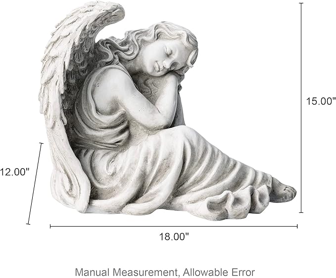 Glitzhome Resting Angel Statue Outdoor Garden Memorail Sculpture, 15in Tall, Cement Gray