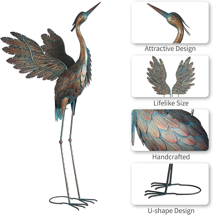 Crane Statues for Garden Decor, Metal Crane Yard Art Statues, Standing Heron Garden Sculptures & Statues for Outdoor Decorations, 38-42 Inch Set of 2, Copper