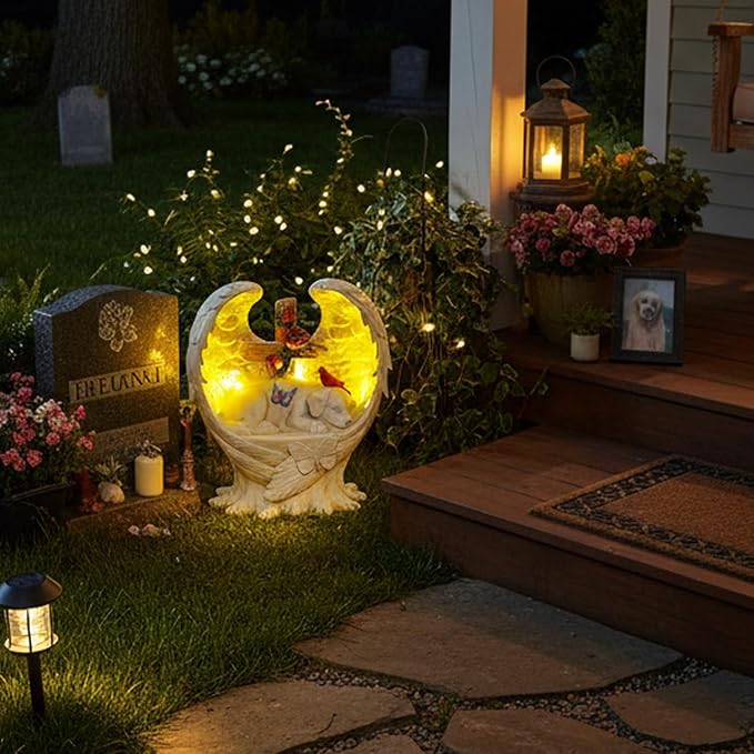 Dog Memorial Stone Solar Angel Wings Garden Statue with Cross Roses Cardinal Butterfly, Sleeping Dog Grave Markers Outdoor Waterproof Resin Pet Loss Sympathy Gift for Cemetery, 10 Inch