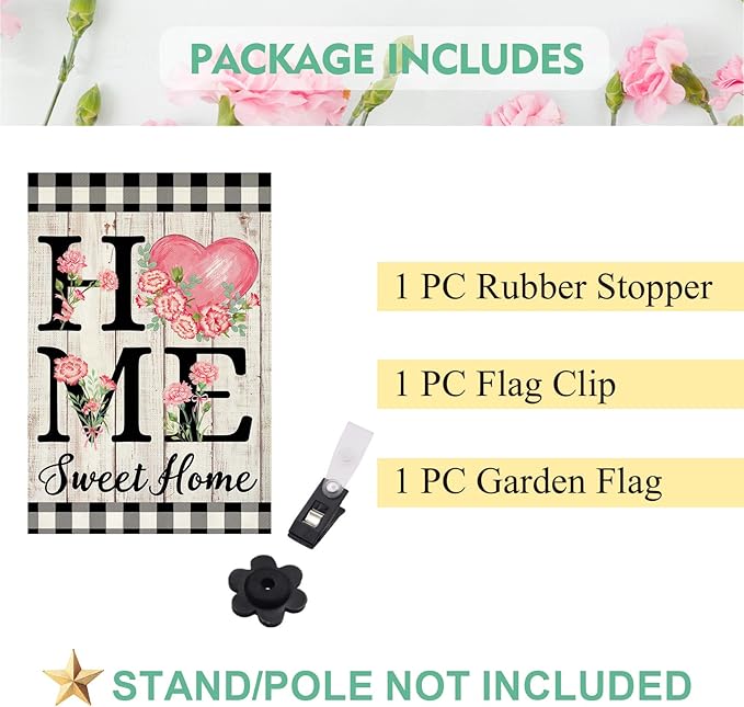 ORTIGIA Happy Mothers Day Garden Flag 12.5 x 18 Inch Double Sided Home Sweet Home Carnation Floral Flower Wedding Anniversary Yard Flag Summer Holiday Outdoor Outside Decoration