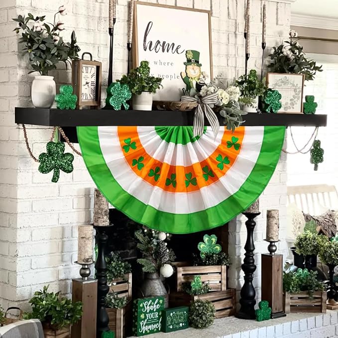 4Pack St Patrick's Day Bunting Flags 2x4 Ft Irish Pleated Half Fan Bunting with Embroidered Shamrock Ireland Patriotic Décor Banner Flag with Grommet for OutsideGarden Decor