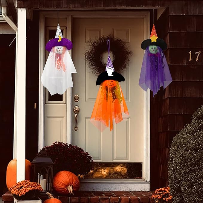 Halloween Hanging Ghost Decorations Outdoor, Pumpkin Witch Halloween Tree Ornaments, Cute Flying Ghost Straw Windsock Pendant Home Indoor Decor Yard Patio Lawn Garden Outside Kids Party Supplies 3PCS