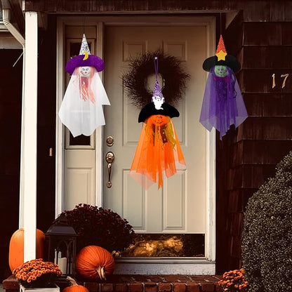 Halloween Hanging Ghost Decorations Outdoor, Pumpkin Witch Halloween Tree Ornaments, Cute Flying Ghost Straw Windsock Pendant Home Indoor Decor Yard Patio Lawn Garden Outside Kids Party Supplies 3PCS