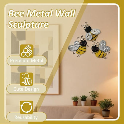 3 Pcs Metal Bee Wall Decor, Cute Insect-Themed Wall Art, Rustic Home & Garden Decor for Living Rooms, Offices, Outdoor Spaces (Bee)