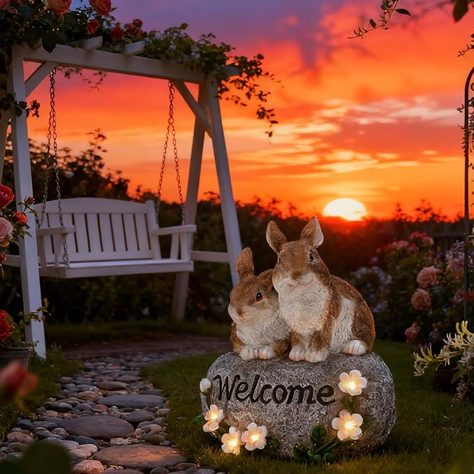 Solar Rabbit Garden Decor Outdoor Bunny Statue Welcome Sign Cute Resin Bunny Figurines for Yard Lawn Ornament Patio Porch Backyard Waterproof Decorative Gift for Women Bunny Lovers