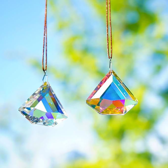H&D HYALINE & DORA 1.9" Crystal Prisms Sun Catcher Set of 2 AB Colored Suncacther Indoor Window Prisms Suncatcher,Hanging Crystals for Windows Home Garden Decor