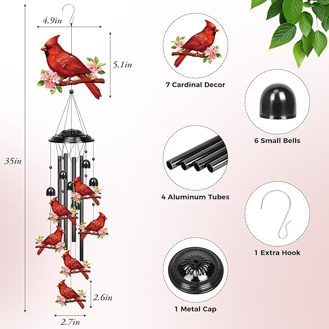 YHmall Cardinal Gifts for Women, 35 in Wind Chimes for Outside Mothers Day Gardening Gifts for Mom Colorful Metal Memorial Wind Chime Cardinal Decor for Home Yard Patio Garden Outdoor