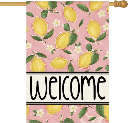 AVOIN colorlife Summer Lemon House Flag 28x40 Inch Double Sided Outside, Pink Welcome Seasonal Yard Outdoor Flag