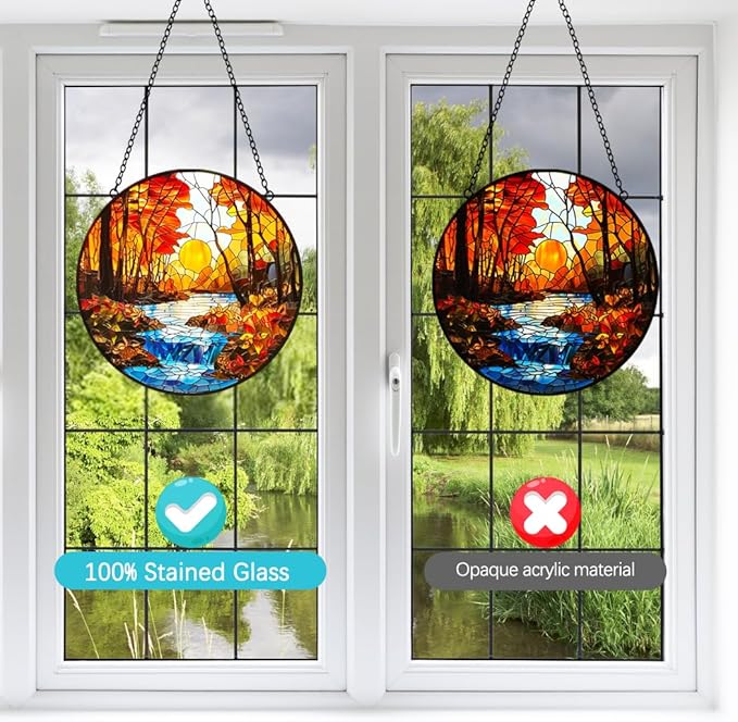 Sunset Suncatcher Stained Glass Window Hanging - Handmade Tree River Sun Catchers Home Outdoor Garden Decor - Sucnatchers for Windows Hanging Ornaments - Mother's Day Birthday Gifts for Mom Grandma