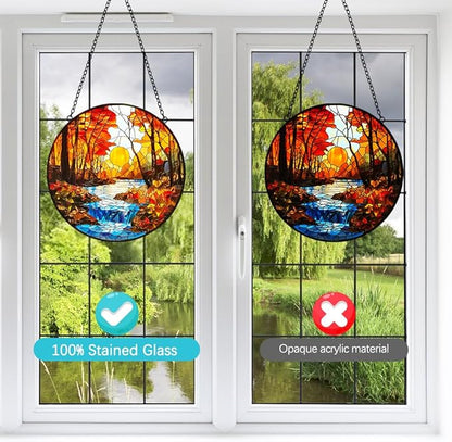 Sunset Suncatcher Stained Glass Window Hanging - Handmade Tree River Sun Catchers Home Outdoor Garden Decor - Sucnatchers for Windows Hanging Ornaments - Mother's Day Birthday Gifts for Mom Grandma