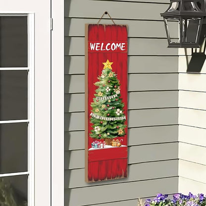 PEROUU Merry Christmas Porch Sign for Front Door, Xmas Wooden Welcome Sign with Christmas Tree for Front Porch Decorations, Winter Garden Decor Outdoor Hanging Signs Wall Sign 31.5" H