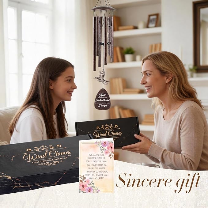 Aunt Gifts Wind Chimes - Metal Hummingbird Windchimes with Card Indoor Outdoor Hanging Decor for Garden Patio Yard Balcony Backyard Appreciation Birthday Gift for Aunts from Niece Nephew