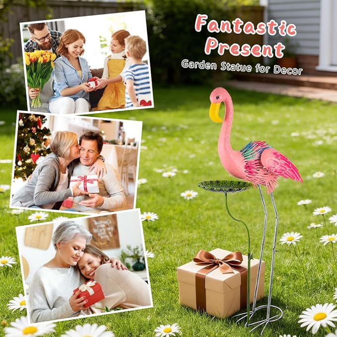 Large Flamingo Garden Statue, Metal Pink Flamingo Outoor Statue with Leaf Tray, Lawn Flamingos Ornaments Bird Art Yard Decor for Garden, Backyard, Present for Woman(38.58 Inch Tall)