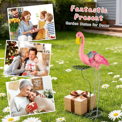 Large Flamingo Garden Statue, Metal Pink Flamingo Outoor Statue with Leaf Tray, Lawn Flamingos Ornaments Bird Art Yard Decor for Garden, Backyard, Present for Woman(38.58 Inch Tall)