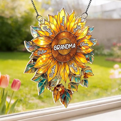 Personalized Grandma Mom Sunflower Acrylic Sun Catcher Gift for Mothers Day, Custom Grandkids Names Window Hanging Decor Ornament Gift for Mama Nana, Faux Stained Glass Ocean Decor