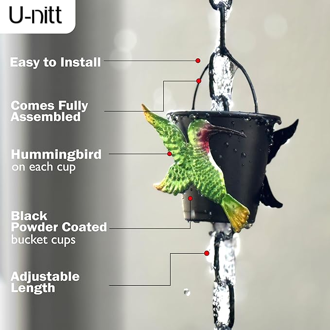 U-nitt Rain Chain Water Collection for Gutters Rainwater Catcher & Diverter, 8.5 FT Chains for Outside Garden, Bird Bucket Cups, Roof Downspout, Works with Heavy Rain, w/ Gutter Clip for Rainchains