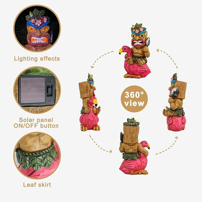 Solar Tiki Statue,Outdoor Statues - Statue-Tiki Bar Decor-Tiki Decorations Outdoor Patio Decor for Bar, Patio, Balcony, Yard,Lawn Ornament,Riding a Flamingos 10inch Tall