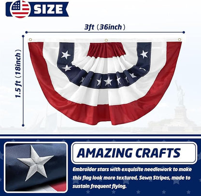6Pack American USA Pleated Fan Flag, 2x4 Feet American USA Bunting Decoration Flags Embroidered Patriotic Stars & Sewn Stripes Canvas Header Brass Grommets