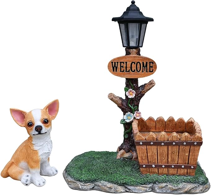 20" Solar Chihuahua Garden Statue with Welcome Sign & Planter - Large Dog Sculpture with LED Street Lantern - Weatherproof Resin Decorative Flower Pot for Porch, Yard & Patio - Pet Lover Gift