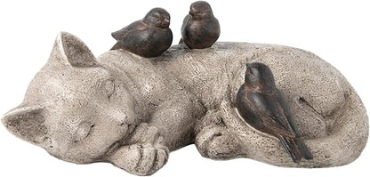 Sleeping Cat Garden Statues Outdoor - 12" Sparrows On Cat Figurine Memorial Statue Grave Markers Garden Resin Statues for Outdoor Decor Outdoor Statue Resin 12" x 8" x 4.5"
