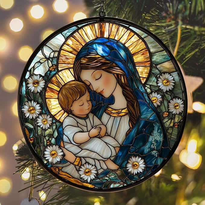 Virgin Mary Acrylic Suncatcher Stained Glass Effect Window Car Hanging Christmas Ornament Indoor Outdoor Decor Garden Memorial Sun Catcher for Family Christmas Jesus Gift for Women Mom Grandma