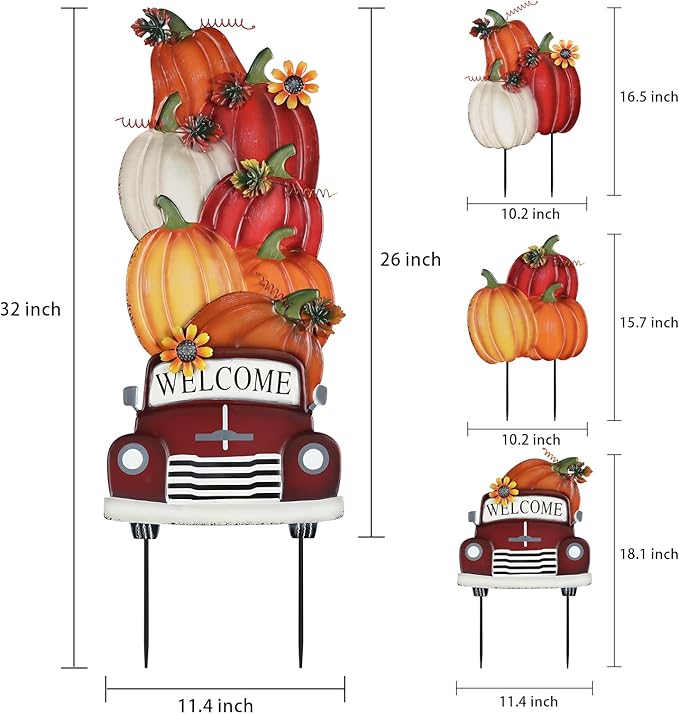 YEAHOME Fall Decorations Outdoor,Multiple Stacked Pumpkin Truck Decorative Garden Stakes for Fall Decor, Autumn Metal Yard Signs for Home Outside Garden Lawn Porch, Thanksgiving Decorations Outdoor