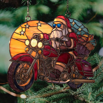 Cool Santa Riding Motorcycle Acrylic Suncatcher Stained Glass Effect Window Car Hanging Christmas Ornament Indoor Outdoor Decor Garden Sun Catcher Panel for Women Mom Grandma