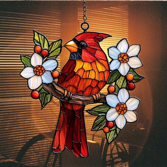 Cardinal Mosaic Effect Acrylic Suncatcher Stained Glass Effect Window Car Hanging Christmas Ornament Indoor Outdoor Decor Garden Sun Catcher Panel for Acrylic Suncatcher Lover for Women Mom Grandma