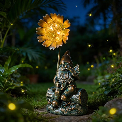 Solar Gnome Sculpture with Butterfly on Hand, Wood Base & Iron Flower Glass Ball for Outdoor Garden