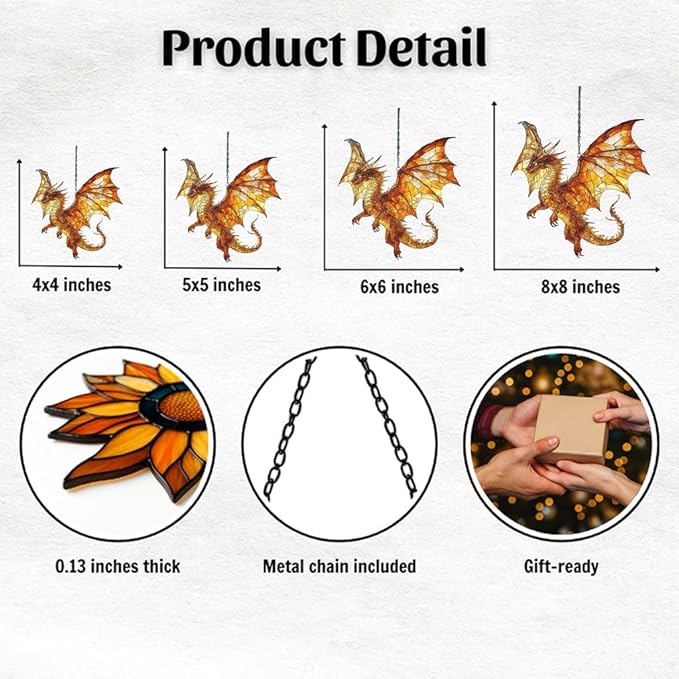 Fiery Mosaic Dragon Charm Acrylic Suncatcher Stained Glass Effect Window Car Hanging Christmas Ornament Indoor Outdoor Decor Garden Sun Catcher Panel for Dragon Lover for Women Mom Grandma