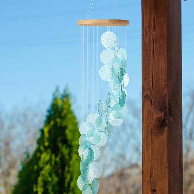 Wenqik Sea Glass Shell Wind Chimes for Outside Seaglass Capiz Windchime Spiral Wind Chimes for Women Beach Holiday Summer Gift Indoor Outdoor Home Housewarming Garden Decor(Blue)