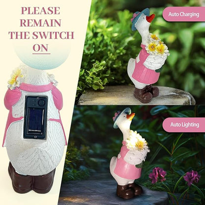 Solar Porch Goose Garden Statue with Glowing Flower, 11.5" Solar Duck Garden Decor for Outdoor, Waterproof Animal Figurine with Auto Light for Yard Lawn Patio - Unique Gift for Mom Grandma Women