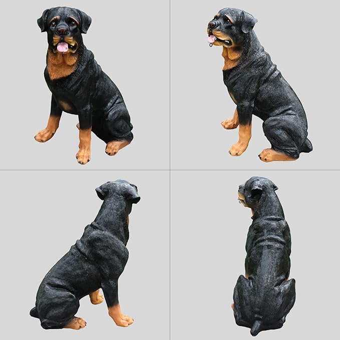 Rottweiler Front-Gate Sentinel with Solar Lantern & Double-Sided Sign, Sitting Black & Tan Statue for Drive, Portico, Lawn & Path