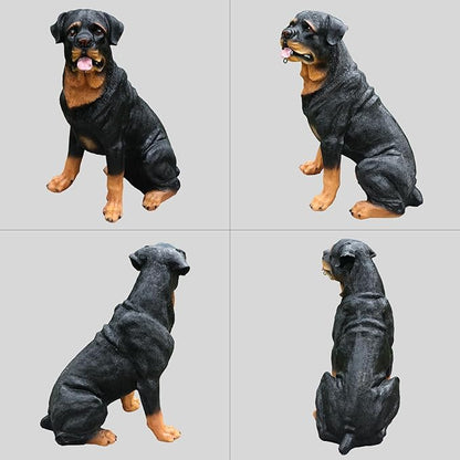 Rottweiler Front-Gate Sentinel with Solar Lantern & Double-Sided Sign, Sitting Black & Tan Statue for Drive, Portico, Lawn & Path