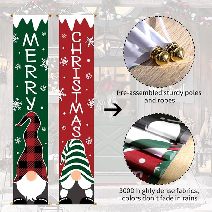 Ivenf Christmas Decorations Outdoor Yard: Cute Red Green Gnome Tomte Front Porch Sign Door Banner, Hanging Merry Christmas Decorations for Home, Indoor Outdoor Xmas Decor Wall Front Door Yard Garage