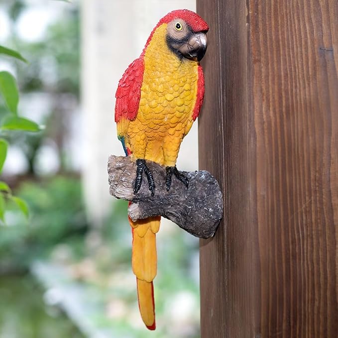 Hanging Parrot Statue Outdoor Decor for Garden, 13.6" Fairy Yard Wall Mount Figurines Home Tropical Parrot Sculptures for Lawn Patio Front Porch Backyard Fence (Red)