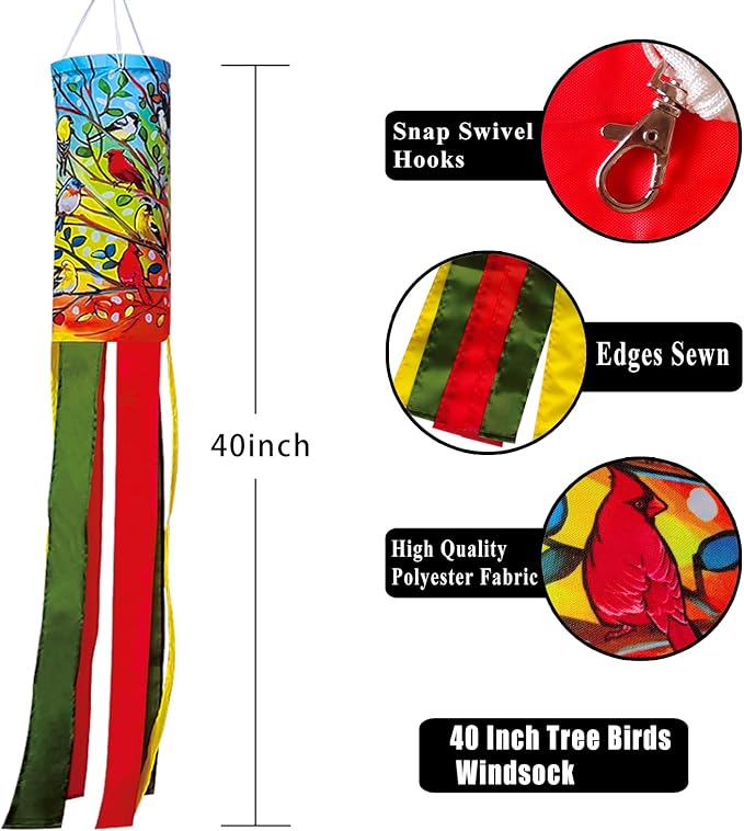Tree Birds Windsock 40 Inch Durable Outdoor Hanging Decoration for Yard Garden Patio Home and More