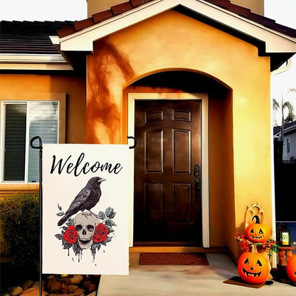 Halloween Welcome Garden Flag Skull Floral Rose Crow Double Sided Vertical Yard Flag Day Of The Dead Bird Rest Bird Floral House Flags 12 x 18 Inches Holiday Villa Outdoor Decorative