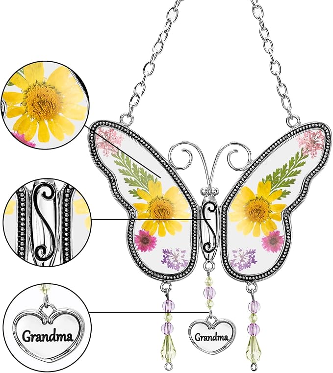 Butterfly Suncatcher Wind Chime with Embossed Colorful Flower Wings, for Mom Butterfly Glass Wind Chime with Hook and Metal Heart Hang Tag, Birthday Gift for Mom's Grandmother (Yellow Grandma)