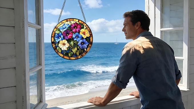 Stained Glass Window Hanging - The Blooming Morning Glory 6.3 Inches Suncatcher for Garden Home Decor for Women Mon Grandma Friends