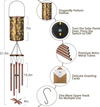 YHmall Solar Wind Chimes for Outside, Dragonfly Gifts for Women Mom Grandma Solar Lantern Windchimes Outdoors, Memorial Wind Chimes for Patio Yard Garden Christmas Decor