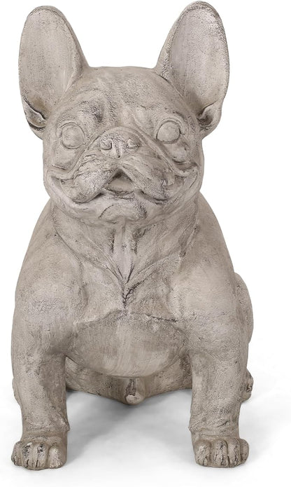Merax French Bulldog Garden Statue - Outdoor Cast Stone Decor, Rustic White Finish, Weather-Resistant Patio or Yard Art, No Assembly Required