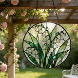 Lily of The Valley Flower Stained Glass Window Hanging, Spring Floral Botanical Suncatcher Indoor Window Glass Round Wall Art Decor, 7.9x7.9 Inch