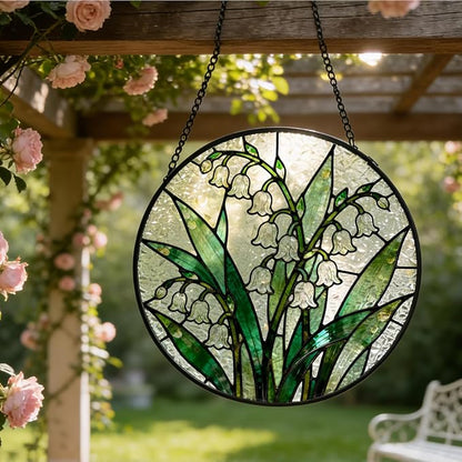 Lily of The Valley Flower Stained Glass Window Hanging, Spring Floral Botanical Suncatcher Indoor Window Glass Round Wall Art Decor, 7.9x7.9 Inch