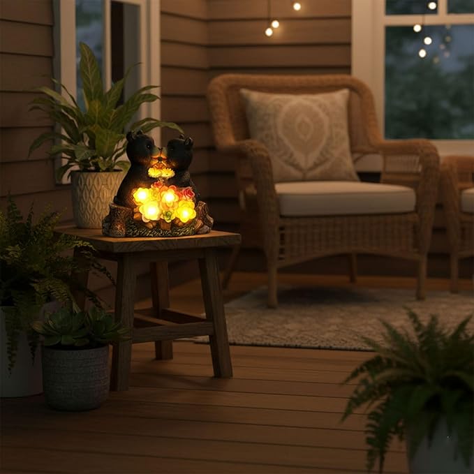 Solar Bear Garden Statues,Waterprrof Bear Outdoor Decor Resin Black Bear Figurine for Yard and Garden,Gifts for Mom, Women