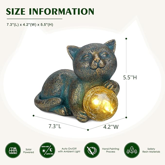 Solar Cat Statue with LED Lights, Solar Garden Decor, Waterproof Outdoor Cat Figurine for Yard, Patio, Balcony, Patio, Night Light, Gift for Cat Lovers, Mom, Women