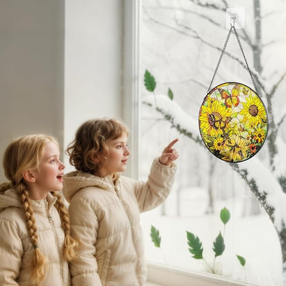 Suncatcher Stained Glass Window Hanging - Sunflower Glass Panel with Metal Chain and Hooks Handmade Sun Catcher Decoration for Window Garden Home Christmas & Birthday Gifts (6.3 Inch)