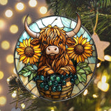 Highland Cow and Sunflower Mosaic Acrylic Suncatcher Stained Glass Effect Window Car Hanging Christmas Ornament Indoor Outdoor Decor Garden Sun Catcher Panel for Cow Lover for Women Mom Grandma