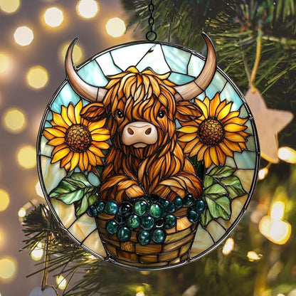 Highland Cow and Sunflower Mosaic Acrylic Suncatcher Stained Glass Effect Window Car Hanging Christmas Ornament Indoor Outdoor Decor Garden Sun Catcher Panel for Cow Lover for Women Mom Grandma