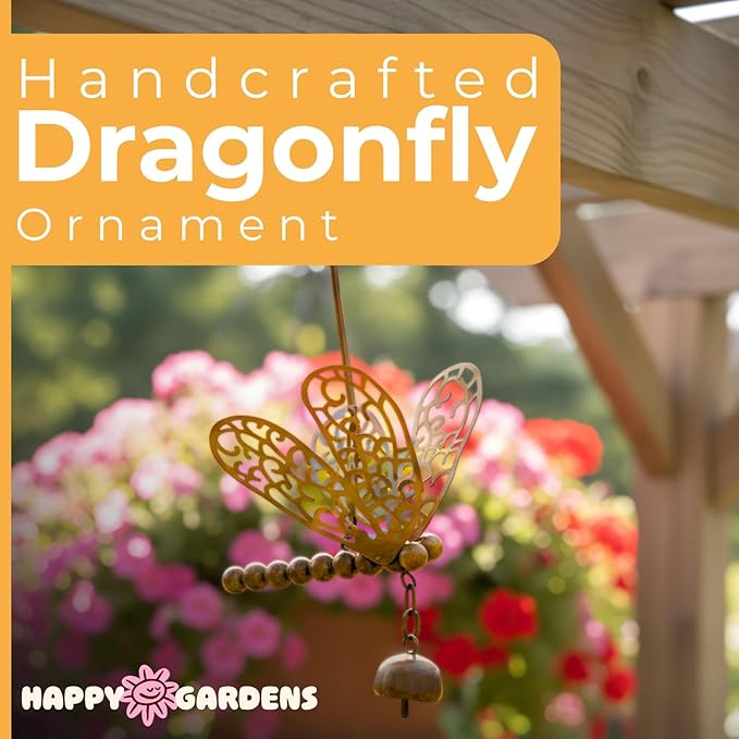 Happy Gardens Hanging Dragonfly Ornament with Bell - Bronze Dragonfly Bell Ornament - Metal - Traditional - 9.5'' W x 10.5'' D x 11'' H - Garden Decor